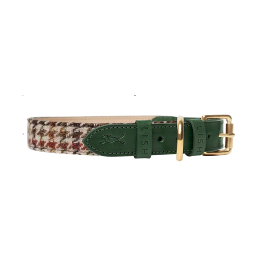 Elsdale Harris Tweed and Green Luxury Leather Dog Collar