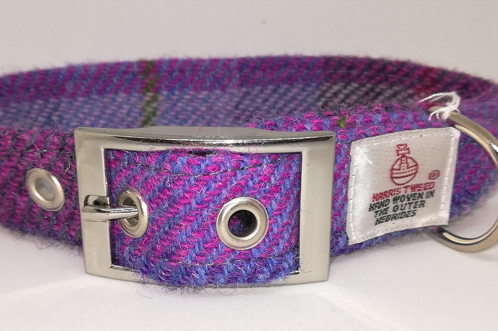 Pink and Blue Check Harris Tweed Dog Collar